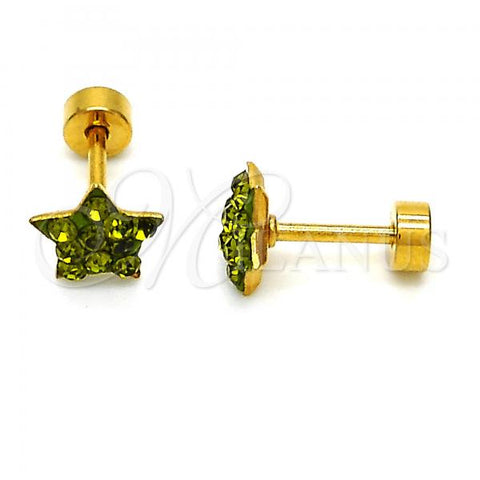 Stainless Steel Stud Earring, Star Design, with Dark Peridot Crystal, Polished, Golden Finish, 02.271.0021.4