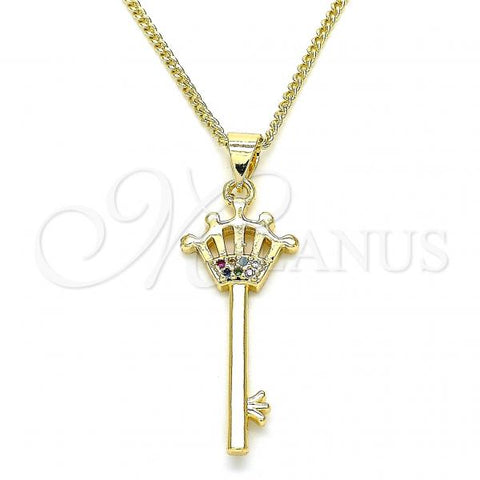 Oro Laminado Pendant Necklace, Gold Filled Style key and Crown Design, with Multicolor Micro Pave, Polished, Golden Finish, 04.344.0015.2.20