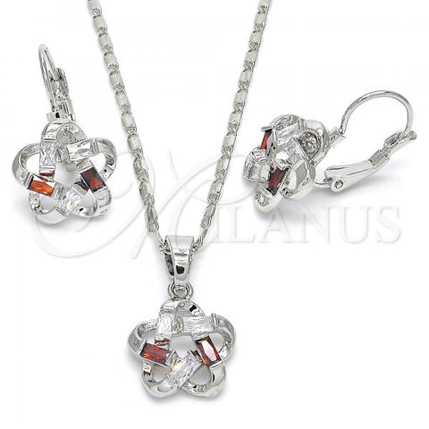 Rhodium Plated Earring and Pendant Adult Set, Flower Design, with Garnet and White Cubic Zirconia, Polished, Rhodium Finish, 10.210.0093.5