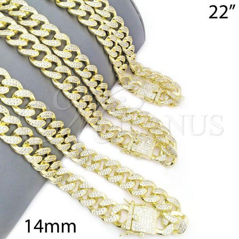 Oro Laminado Basic Necklace, Gold Filled Style Miami Cuban Design, with White Micro Pave, Polished, Golden Finish, 04.373.0001.22
