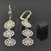 Oro Laminado Long Earring, Gold Filled Style Flower Design, Diamond Cutting Finish, Tricolor, 5.104.002