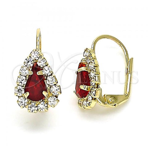 Oro Laminado Leverback Earring, Gold Filled Style Teardrop Design, with Garnet and White Crystal, Polished, Golden Finish, 5.125.012.8