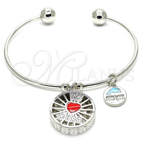 Rhodium Plated Individual Bangle, Heart and Dolphin Design, with White Cubic Zirconia, Red Enamel Finish, Rhodium Finish, 07.106.0001.1 (02 MM Thickness, One size fits all)