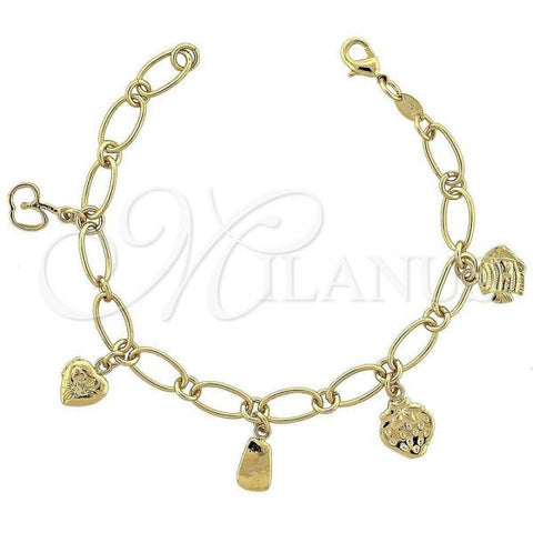 Oro Laminado Charm Bracelet, Gold Filled Style Strawberry and Fish Design, Diamond Cutting Finish, Golden Finish, 5.019.010