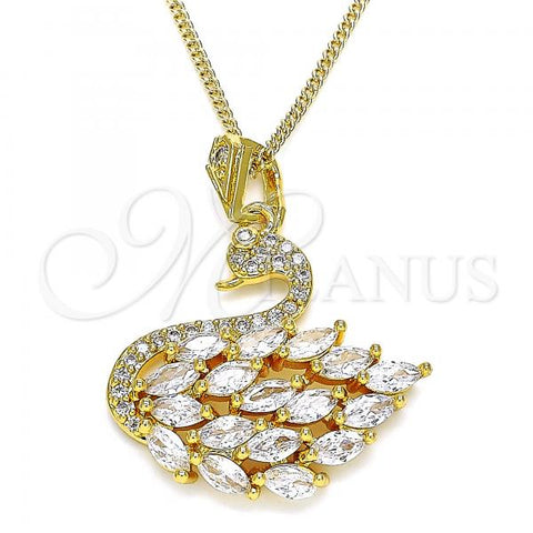 Oro Laminado Pendant Necklace, Gold Filled Style Swan Design, with White Cubic Zirconia, Polished, Golden Finish, 04.283.0017.20