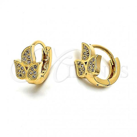 Oro Laminado Huggie Hoop, Gold Filled Style Leaf Design, with White Cubic Zirconia, Polished, Golden Finish, 02.63.2295