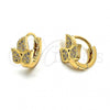 Oro Laminado Huggie Hoop, Gold Filled Style Leaf Design, with White Cubic Zirconia, Polished, Golden Finish, 02.63.2295