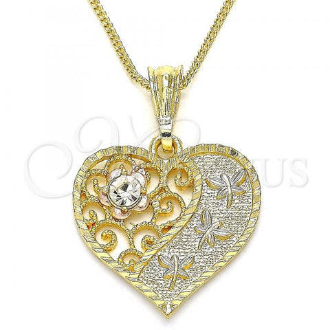 Oro Laminado Pendant Necklace, Gold Filled Style Heart and Dragon-Fly Design, with White Crystal, Polished, Tricolor, 04.351.0019.1.20