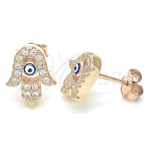 Sterling Silver Stud Earring, Hand of God and Evil Eye Design, with White Cubic Zirconia, Blue Enamel Finish, Rose Gold Finish, 02.336.0170.1