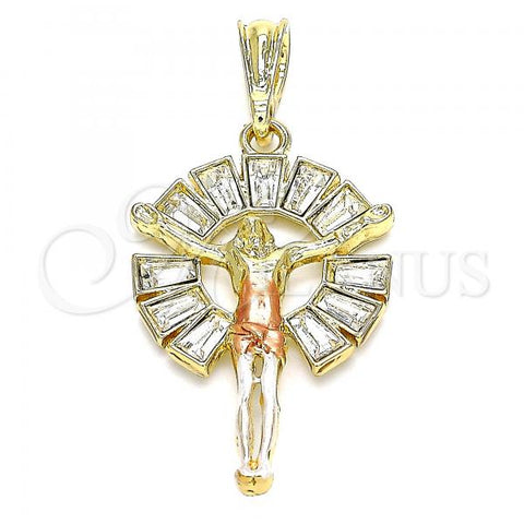 Oro Laminado Religious Pendant, Gold Filled Style Jesus Design, with White Crystal, Polished, Tricolor, 05.380.0062.1