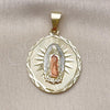 Oro Laminado Religious Pendant, Gold Filled Style Guadalupe Design, Diamond Cutting Finish, Tricolor, 05.120.0101