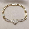 Oro Laminado Fancy Bracelet, Gold Filled Style Heart and Baguette Design, with White Cubic Zirconia, Polished, Golden Finish, 03.283.0478.07