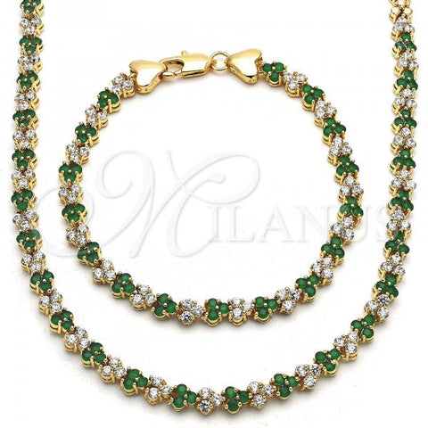 Oro Laminado Necklace and Bracelet, Gold Filled Style with Green and White Cubic Zirconia, Polished, Golden Finish, 06.284.0013.1
