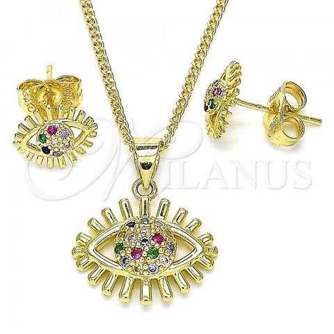 Oro Laminado Earring and Pendant Adult Set, Gold Filled Style Evil Eye Design, with Multicolor Micro Pave, Polished, Golden Finish, 10.156.0336.1
