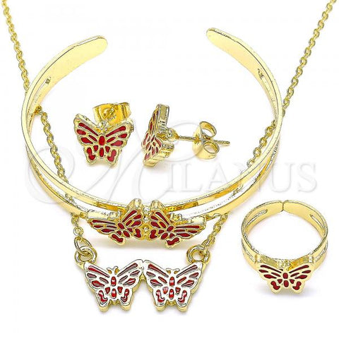 Oro Laminado Necklace, Bracelet, Earring and Ring, Gold Filled Style Butterfly Design, Red Enamel Finish, Golden Finish, 06.361.0031