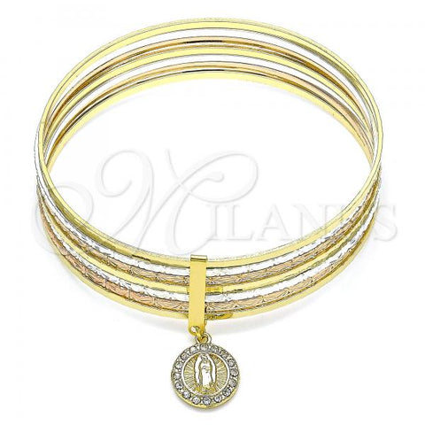 Oro Laminado Semanario Bangle, Gold Filled Style Guadalupe Design, with White Crystal, Diamond Cutting Finish, Tricolor, 07.253.0004.05