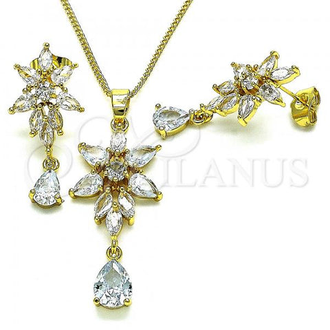 Oro Laminado Earring and Pendant Adult Set, Gold Filled Style Flower and Teardrop Design, with White Cubic Zirconia, Polished, Golden Finish, 10.316.0066