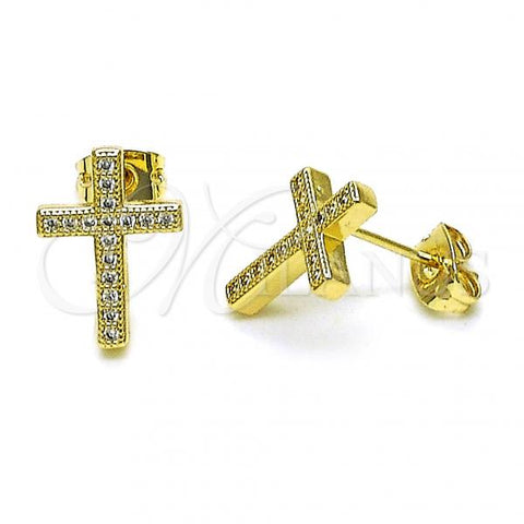 Oro Laminado Stud Earring, Gold Filled Style Cross Design, with White Micro Pave, Polished, Golden Finish, 02.213.0523