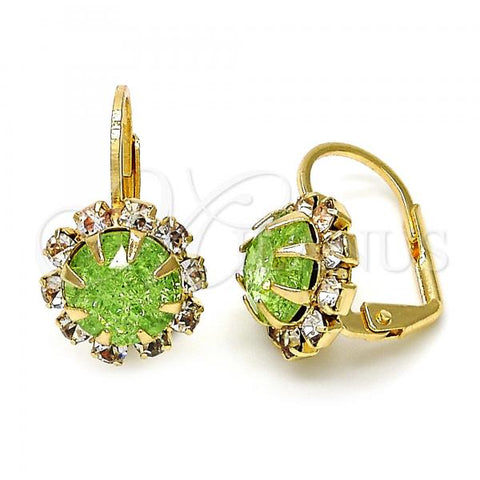 Oro Laminado Leverback Earring, Gold Filled Style Flower Design, with Light Green and White Crystal, Polished, Golden Finish, 02.122.0086.5