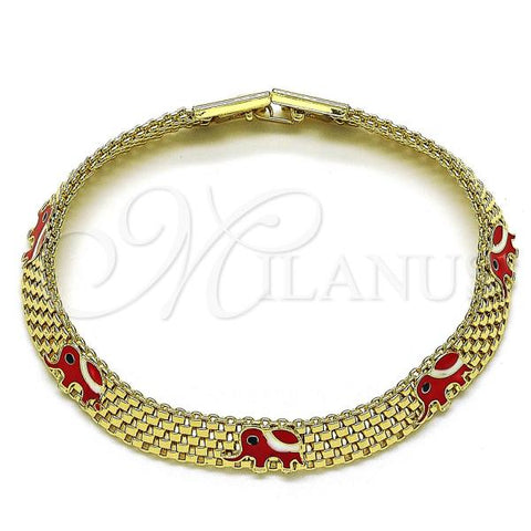 Oro Laminado Fancy Bracelet, Gold Filled Style Elephant and Bismark Design, Red Enamel Finish, Golden Finish, 03.331.0218.1.08