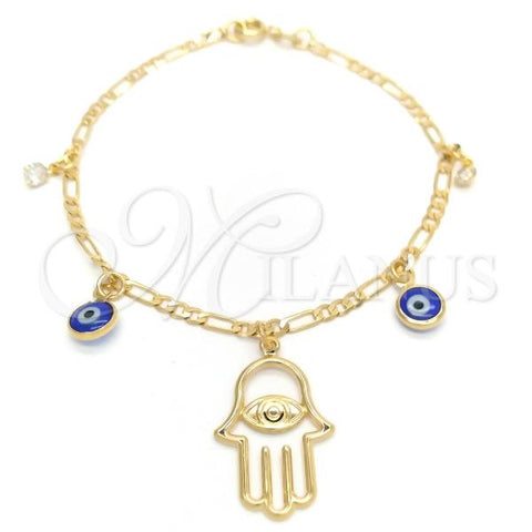 Oro Laminado Charm Bracelet, Gold Filled Style Hand of God and Evil Eye Design, Polished, Golden Finish, 03.58.0047.07