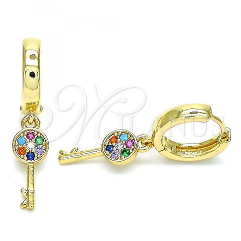 Oro Laminado Huggie Hoop, Gold Filled Style key Design, with Multicolor Micro Pave, Polished, Golden Finish, 02.210.0539.1.15