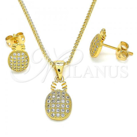 Oro Laminado Earring and Pendant Adult Set, Gold Filled Style Pineapple Design, with White Micro Pave, Polished, Golden Finish, 10.342.0003