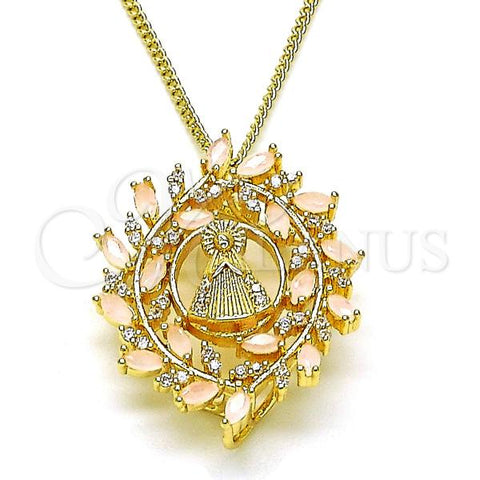 Oro Laminado Pendant Necklace, Gold Filled Style Caridad del Cobre and Leaf Design, with Pink Cubic Zirconia and White Micro Pave, Polished, Golden Finish, 04.195.0068.18