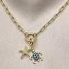 Oro Laminado Fancy Necklace, Gold Filled Style Turtle and Star Design, Blue Enamel Finish, Golden Finish, 04.341.0245.20