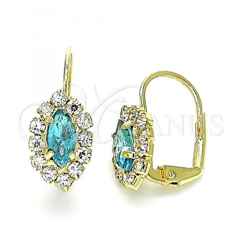 Oro Laminado Leverback Earring, Gold Filled Style Leaf Design, with Blue Topaz and White Crystal, Polished, Golden Finish, 02.122.0082.9