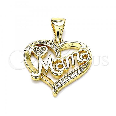 Oro Laminado Fancy Pendant, Gold Filled Style Mom and Heart Design, with White Micro Pave, Polished, Golden Finish, 05.342.0024