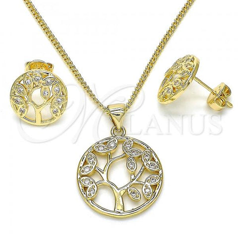 Oro Laminado Earring and Pendant Adult Set, Gold Filled Style Tree Design, with White Micro Pave, Polished, Golden Finish, 10.156.0256