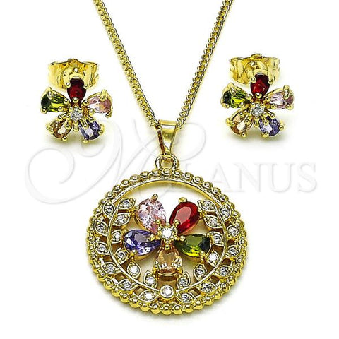 Oro Laminado Earring and Pendant Adult Set, Gold Filled Style Flower Design, with Multicolor and White Cubic Zirconia, Polished, Golden Finish, 10.284.0040