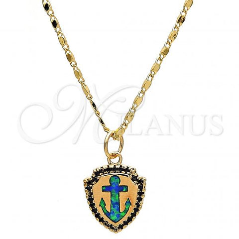 Oro Laminado Pendant Necklace, Gold Filled Style Anchor Design, with Green Opal and White Micro Pave, Polished, Golden Finish, 04.63.1326.2.18