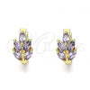 Oro Laminado Huggie Hoop, Gold Filled Style Leaf Design, with Amethyst Cubic Zirconia, Polished, Golden Finish, 02.210.0649.3.15