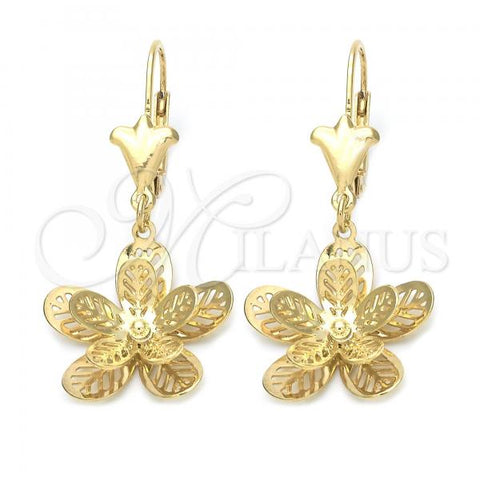 Oro Laminado Dangle Earring, Gold Filled Style Flower Design, Golden Finish, 89.014