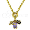 Oro Laminado Fancy Necklace, Gold Filled Style and Airplane with White Micro Pave, Purple Enamel Finish, Golden Finish, 04.341.0242.20