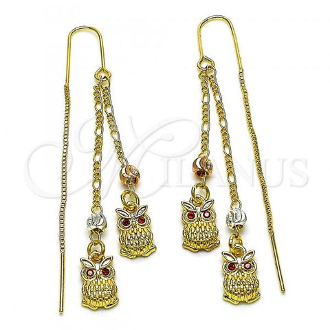 Oro Laminado Threader Earring, Gold Filled Style Owl Design, with Garnet Cubic Zirconia, Polished, Tricolor, 02.253.0060
