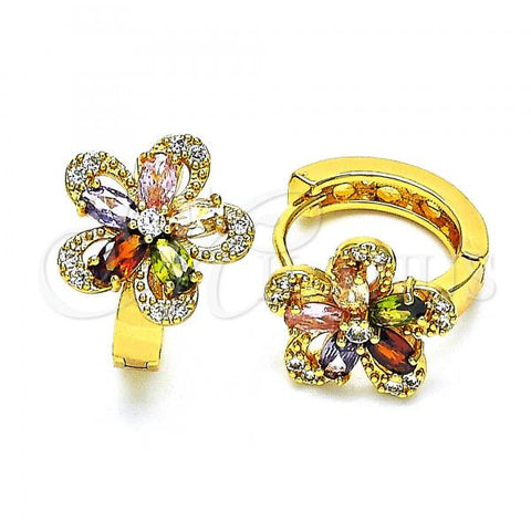 Oro Laminado Huggie Hoop, Gold Filled Style Flower Design, with Multicolor Cubic Zirconia, Polished, Golden Finish, 02.210.0721.3.15