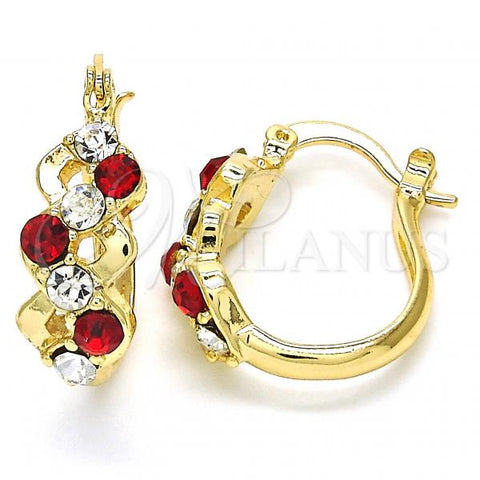 Oro Laminado Small Hoop, Gold Filled Style with Garnet and White Crystal, Polished, Golden Finish, 02.100.0098.1.20