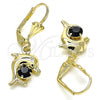 Oro Laminado Dangle Earring, Gold Filled Style Dolphin Design, with Black Crystal, Polished, Golden Finish, 02.351.0064.2