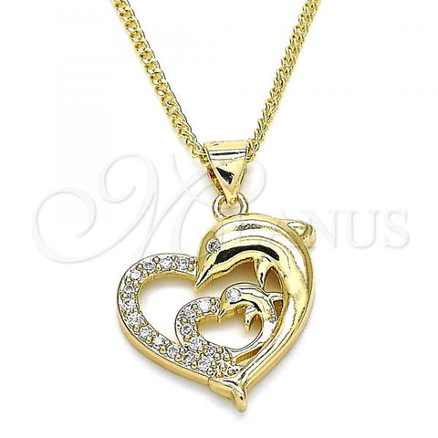 Oro Laminado Pendant Necklace, Gold Filled Style Heart and Dolphin Design, with White Micro Pave, Polished, Golden Finish, 04.344.0001.18