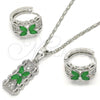 Rhodium Plated Earring and Pendant Adult Set, Flower Design, with Green and White Cubic Zirconia, Polished, Rhodium Finish, 10.210.0062.9