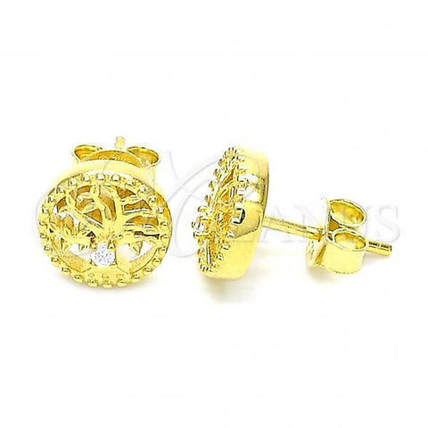 Sterling Silver Stud Earring, Tree Design, with White Cubic Zirconia, Polished, Golden Finish, 02.369.0034.2