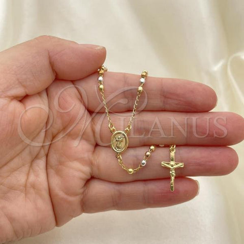 Oro Laminado Thin Rosary, Gold Filled Style Cross and Divino Niño Design, Polished, Tricolor, 09.02.0053.18