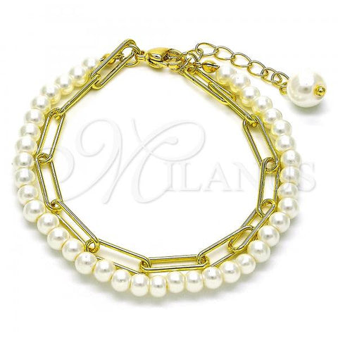 Oro Laminado Fancy Bracelet, Gold Filled Style Paperclip and Ball Design, with Ivory Pearl, Polished, Golden Finish, 03.405.0007.07