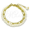 Oro Laminado Fancy Bracelet, Gold Filled Style Paperclip and Ball Design, with Ivory Pearl, Polished, Golden Finish, 03.405.0007.07