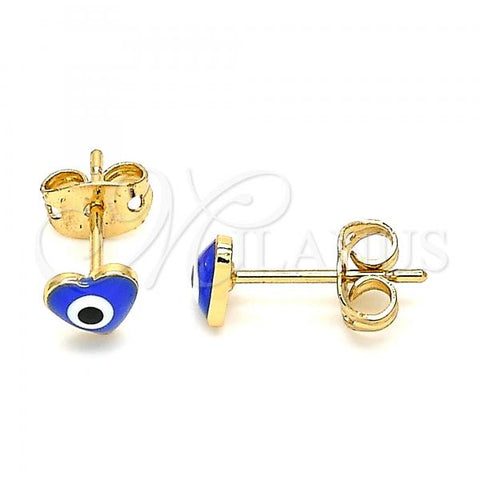Oro Laminado Stud Earring, Gold Filled Style Evil Eye and Heart Design, Blue Enamel Finish, Golden Finish, 02.213.0187.2 *PROMO*