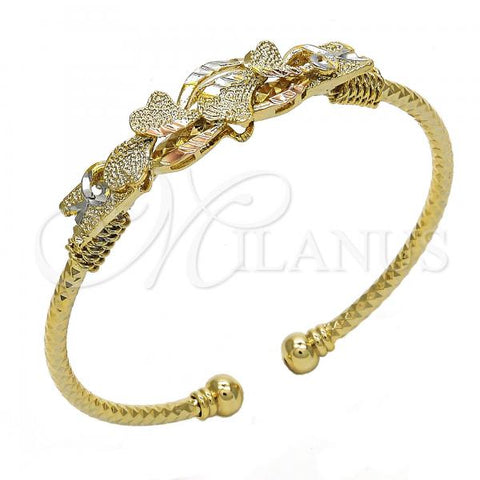 Oro Laminado Individual Bangle, Gold Filled Style Heart Design, Diamond Cutting Finish, Tricolor, 07.311.0007.1 (03 MM Thickness, One size fits all)
