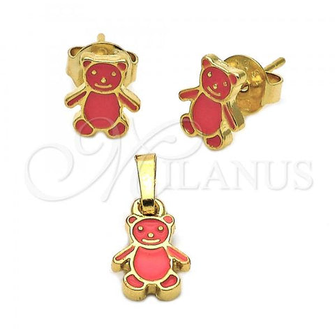 Oro Laminado Earring and Pendant Children Set, Gold Filled Style Teddy Bear Design, Enamel Finish, Golden Finish, 10.64.0144